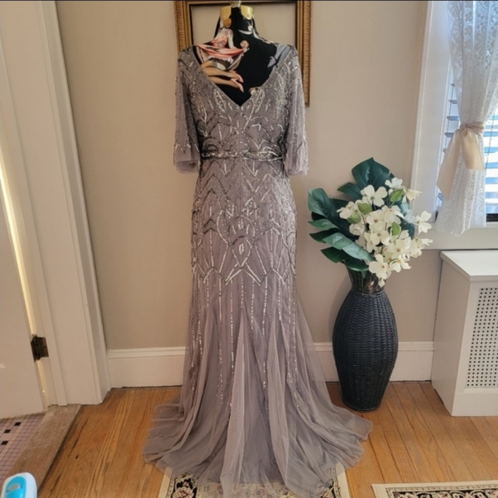 EUC Pewter Wedding Dress 1920 Boho Gatsby Sequin Tulle Art Deco Sz 12